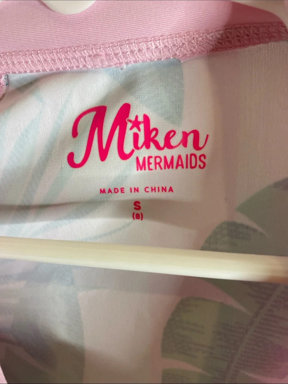 Miken Mermaids Pink Tropical Green Leaf Rash Guard Swim Top
